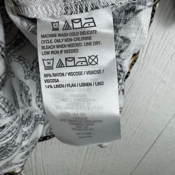 Susan Graver PURE Printed Linen Blend Elbow Sleeve Camp Shirt Black Tan Size 1X - Picture 6 of 9